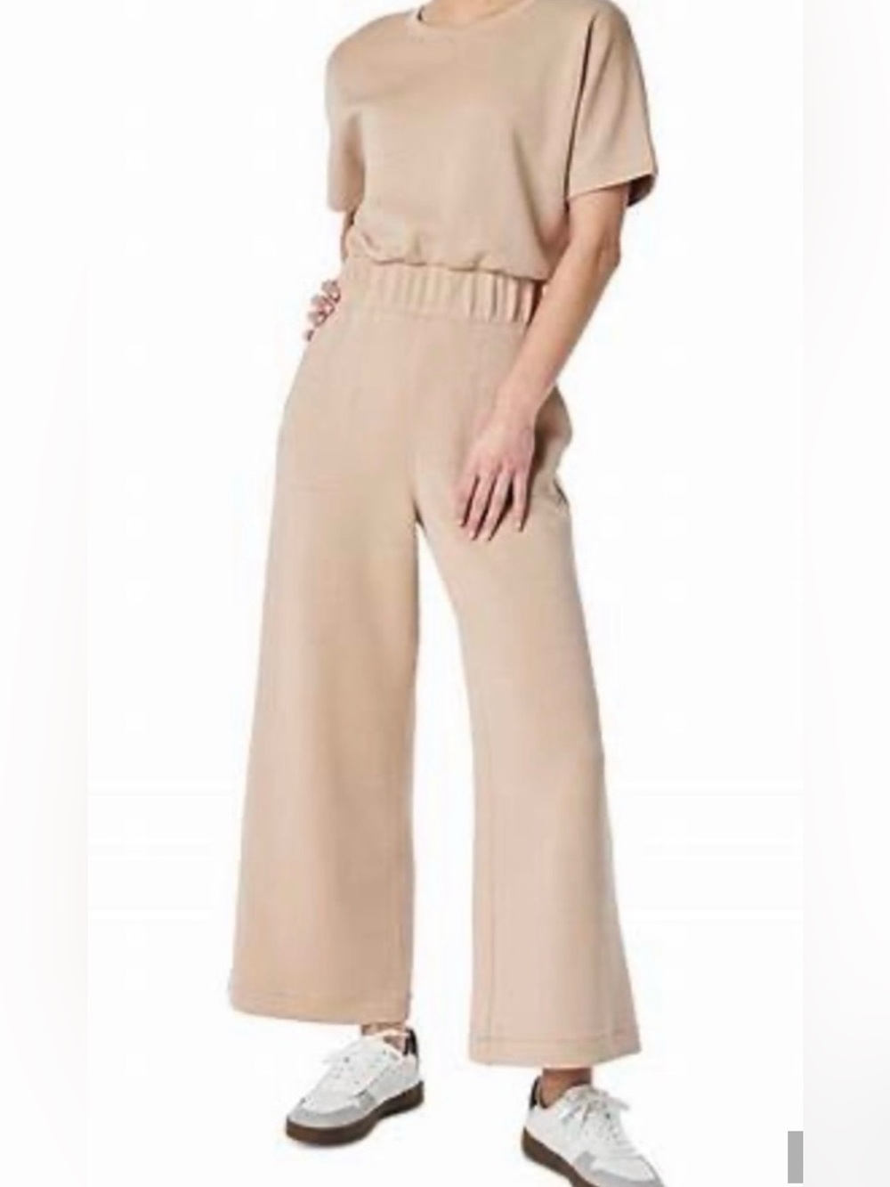 SPANX Soft Beige Short-Sleeve Wide-Leg Cropped Jumpsuit